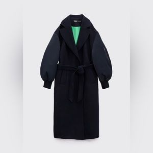 ZARA USED WOMAN LONG BELTED MATCHING BOMBER COAT NAVY BLUE SIZE MEDIUM L
